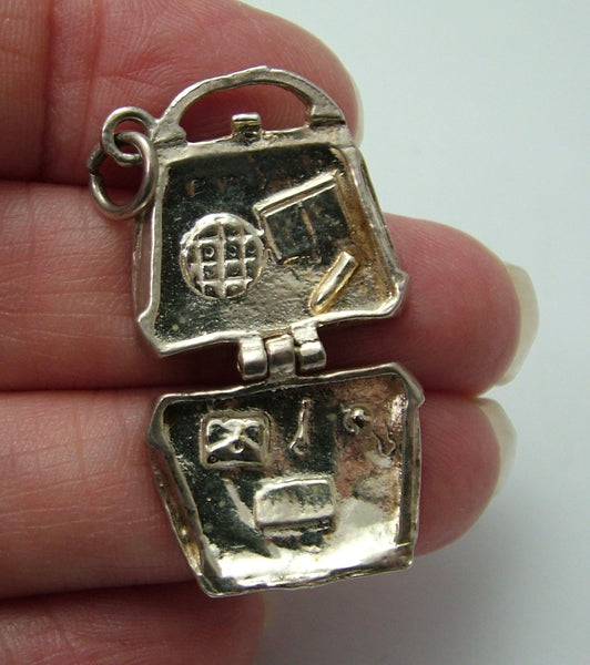 Vintage 1970's Silver Opening Crocodile Handbag Charm with Contents Inside Silver Charm - Sandy's Vintage Charms
