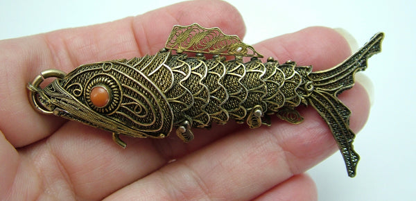 Very Large 1960's Chinese Silver Gilt & Coral Articulated Fish Pendant Silver Charm - Sandy's Vintage Charms