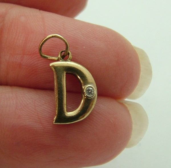 Small Vintage 1990's Solid 9ct Gold Initial Letter "D" Charm Set with a Diamond