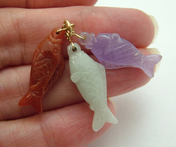 Three Vintage 1980's 14ct 14k Gold & Carved Jade Fish Charms in Green, Brown & Lilac Gold Charm - Sandy's Vintage Charms