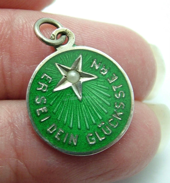 Antique Edwardian c1910 Silver & Green Enamel Lucky Star Charm set With Pearl Enamel Charm - Sandy's Vintage Charms