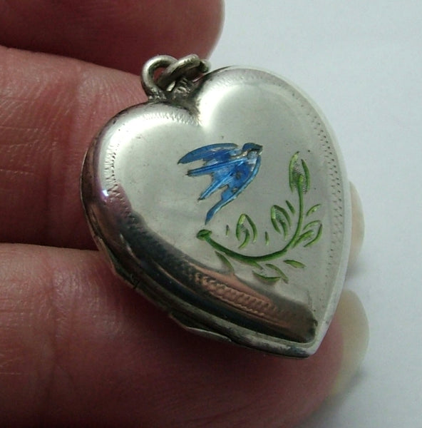 Vintage 1960's Silver & Enamel Heart Locket Charm with Blue Bird Enamel Charm - Sandy's Vintage Charms