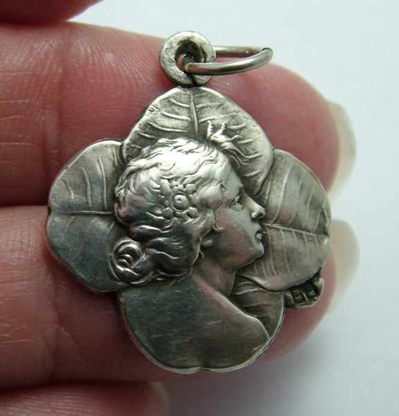 Antique Art Nouveau c1895 Hollow Silver Lady & Four Leaf Clover Charm Antique Charm - Sandy's Vintage Charms