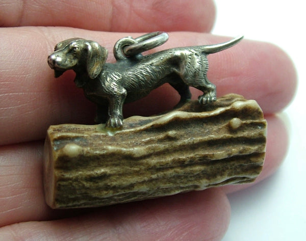 Large Antique Edwardian c1910 Solid Silver Dachshund Charm Mounted on Antler Antique Charm - Sandy's Vintage Charms