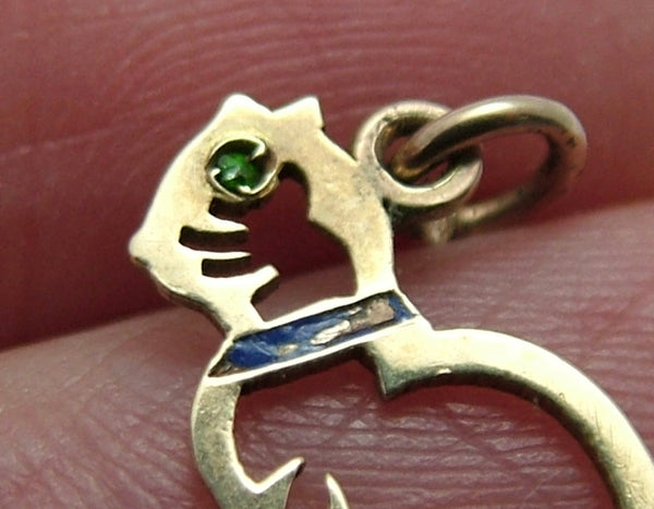 Vintage 1950's 9ct Gold Cut Out Cat Charm with Green Paste Eye & Enamel Collar