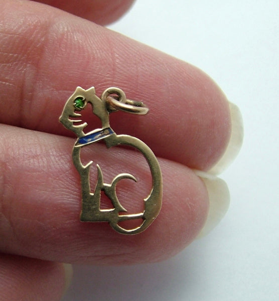 Vintage 1950's 9ct Gold Cut Out Cat Charm with Green Paste Eye & Enamel Collar