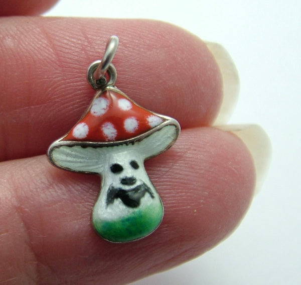 Small Vintage 1950's Silver & Enamel Lucky Toadstool Charm with Face Enamel Charm - Sandy's Vintage Charms