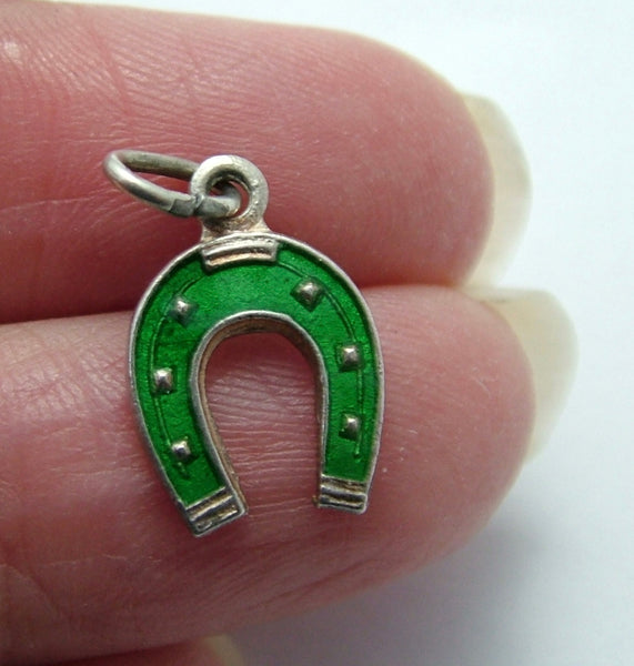 Small Vintage 1950's Silver & Green Enamel Lucky Horseshoe Charm Enamel Charm - Sandy's Vintage Charms