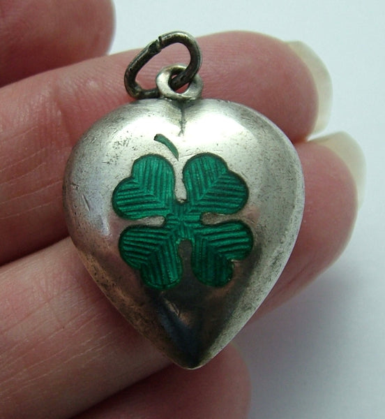 Large Antique Victorian 1893 Silver & Green Enamel Lucky Clover Heart Charm Antique Charm - Sandy's Vintage Charms