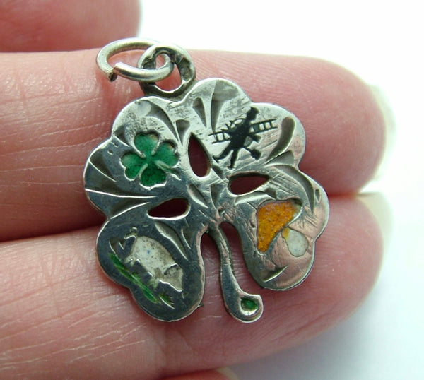 Antique c1920’s Silver Clover Charm with Four Enamel Lucky Charms Pictured 1920s-1950s Charm - Sandy's Vintage Charms