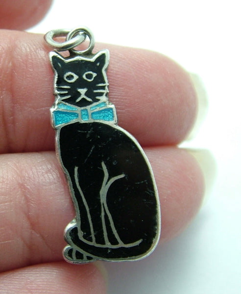 Large Vintage 1940's Silver & Enamel Lucky Black Cat Charm with Blue Bow Tie HM 1942