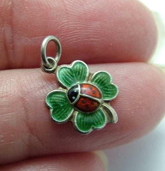 Small Vintage 1950's Silver & Green Enamel Four Leaf Clover and Ladybird Charm Enamel Charm - Sandy's Vintage Charms