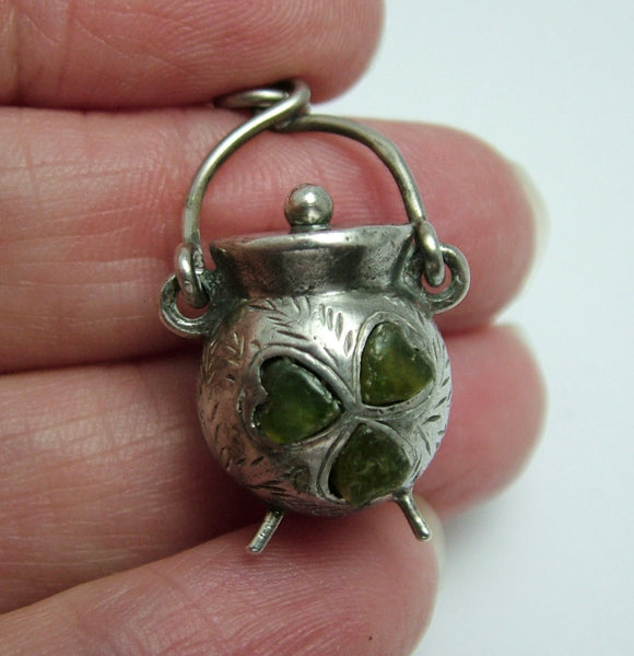 Antique Edwardian Silver Cauldron Charm with Connemara Marble Shamrock HM 1903 Antique Charm - Sandy's Vintage Charms