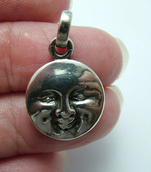 Modern Secondhand Solid Silver Moon Face Pendant with Diamond Eyes