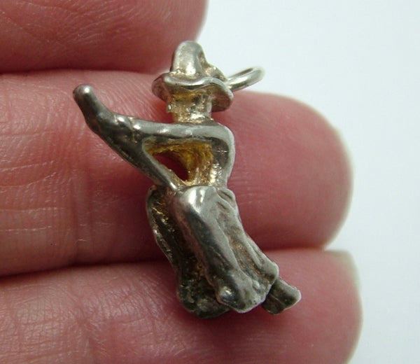 Vintage 1970's Solid Silver Witch on a Broomstick Charm (Larger) Silver Charm - Sandy's Vintage Charms
