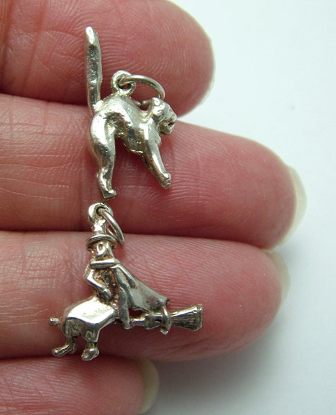 Pair of Small Vintage 1970's Solid Silver Charms Witch on a Broomstick & Scaredy Cat Silver Charm - Sandy's Vintage Charms