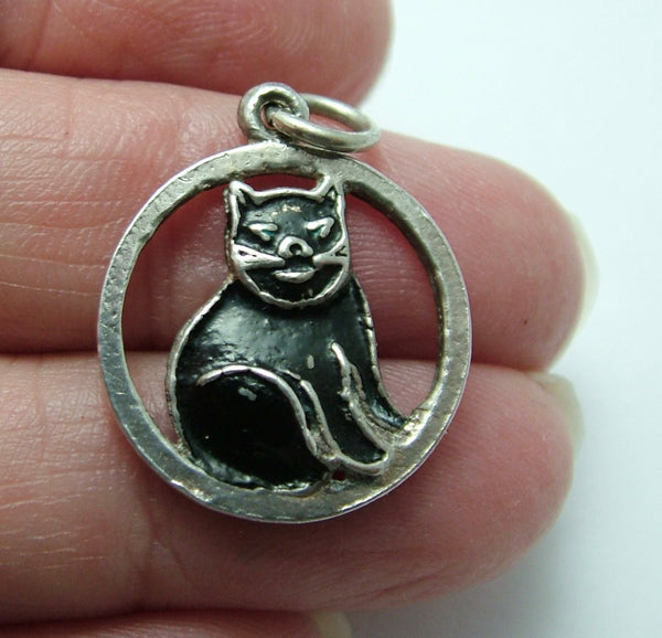 Vintage 1930's Silver & Enamel Painted Black Cat Charm