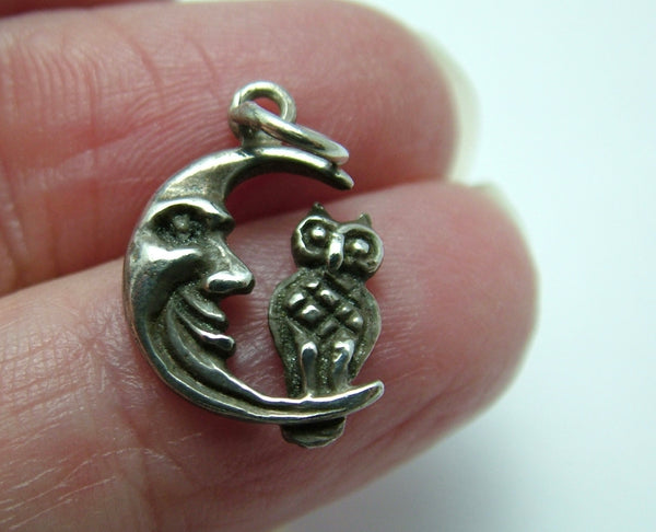Small Vintage 1980's Solid Silver Owl Sitting in a Crescent Moon Charm Silver Charm - Sandy's Vintage Charms