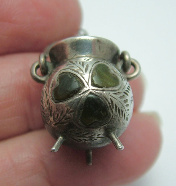 Antique Edwardian Silver Cauldron Charm with Connemara Marble Shamrock & Removable Lid HM 1904