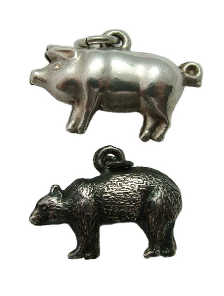 Pair of Antique Edwardian c1910 Hollow Silver Charms Lucky Pig & Bear Antique Charm - Sandy's Vintage Charms