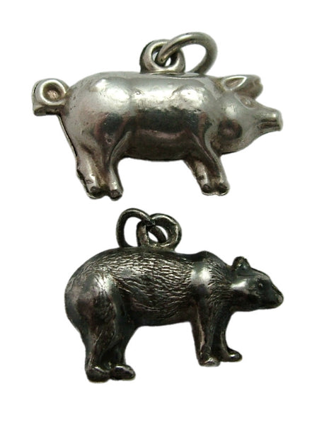 Pair of Antique Edwardian c1910 Hollow Silver Charms Lucky Pig & Bear Antique Charm - Sandy's Vintage Charms