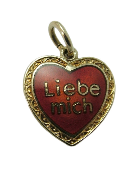Vintage 1950’s 14ct 14k Gold & Red Enamel Heart Charm “Liebe Mich” LOVE ME Gold Charm - Sandy's Vintage Charms