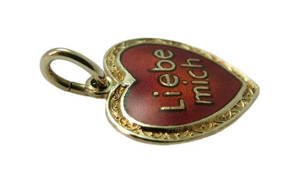 Vintage 1950’s 14ct 14k Gold & Red Enamel Heart Charm “Liebe Mich” LOVE ME Gold Charm - Sandy's Vintage Charms