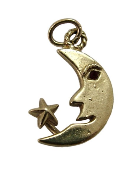 Vintage 1980's Solid 9ct Gold Man in the Moon Charm with Star & Red Jewel Eye Gold Charm - Sandy's Vintage Charms