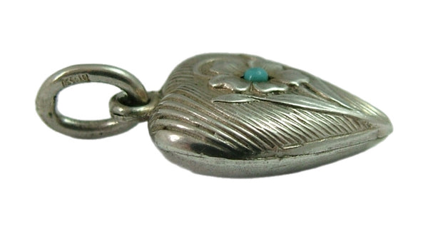 Vintage 1940's Hollow Silver & Turquoise Glass Heart Charm 1920s-1950s Charm - Sandy's Vintage Charms