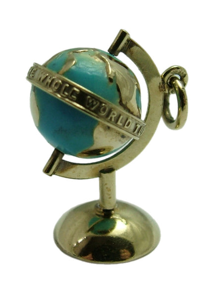 Large Vintage 1930's 14k 14ct Gold & Blue Enamel Rotating Globe Charm “The Whole World Turns Round The Love”
