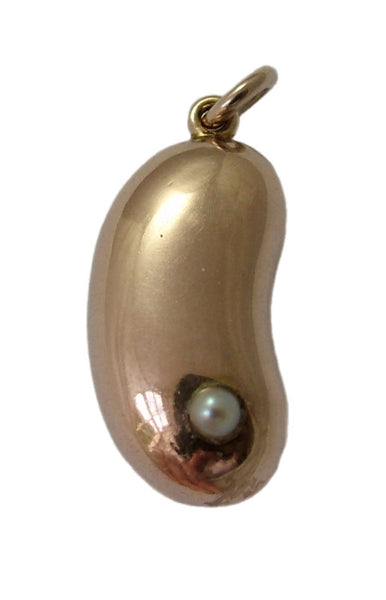 Large Antique Edwardian c1910 9ct Rose Gold Hollow Lucky Bean Charm with Pearl