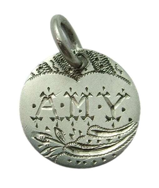 Antique Victorian Silver Engraved Love Token Coin Charm “AMY” Love Token - Sandy's Vintage Charms