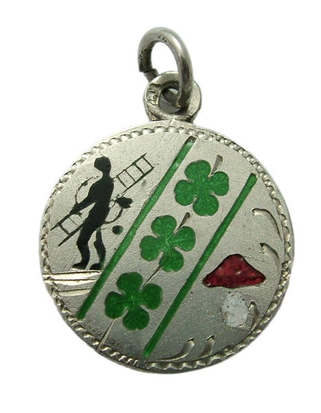 Antique Edwardian c1910 Silver & Enamel Lucky Clover, Toadstool & Chimney Sweep Charm Antique Charm - Sandy's Vintage Charms