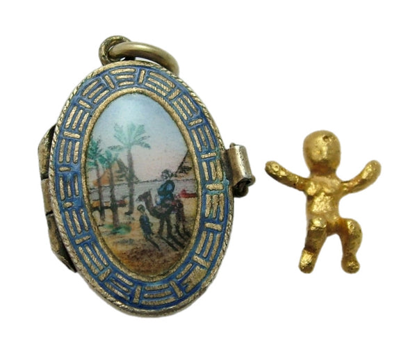 Vintage 1920's Silver & Enamel Opening Moses Basket Charm Removable Baby Inside 1920s-1950s Charm - Sandy's Vintage Charms