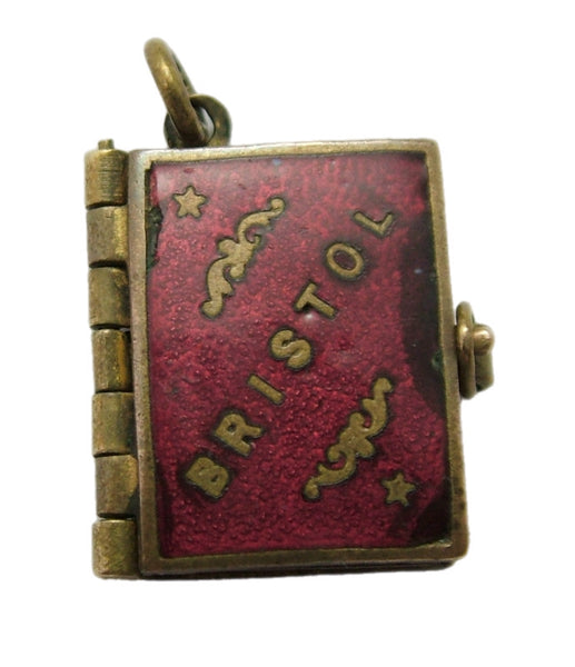 Antique Edwardian Miniature Brass & Enamel Photo Book Charm BRISTOL Antique Charm - Sandy's Vintage Charms