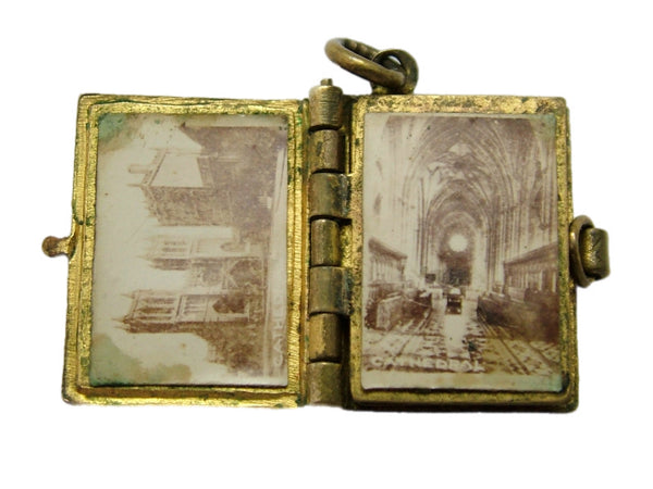 Antique Edwardian Miniature Brass & Enamel Photo Book Charm BRISTOL Antique Charm - Sandy's Vintage Charms