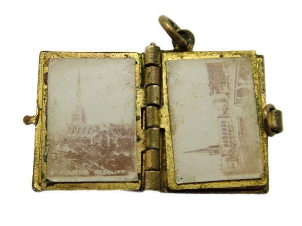 Antique Edwardian Miniature Brass & Enamel Photo Book Charm BRISTOL Antique Charm - Sandy's Vintage Charms