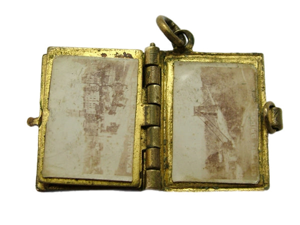 Antique Edwardian Miniature Brass & Enamel Photo Book Charm BRISTOL Antique Charm - Sandy's Vintage Charms