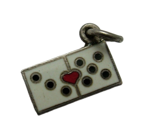 Small Vintage 1950's Silver & Enamel Domino Charm with Red Heart