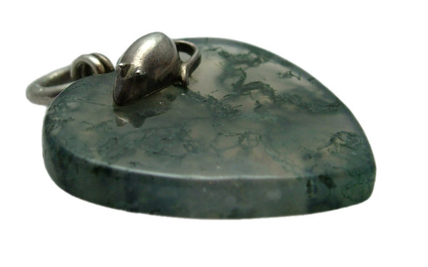 Vintage 1960’s/70's Moss Agate Heart Charm with Silver Mouse