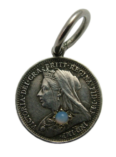 Antique Victorian 1900 Silver Gem Set Love Token Coin Charm Opaline Glass