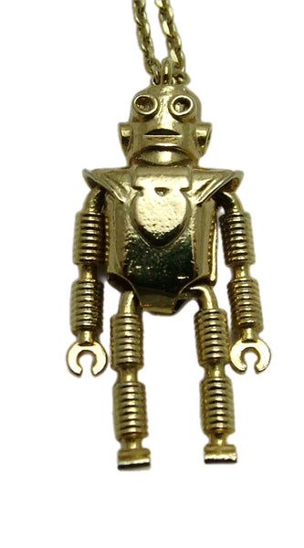 Modern Secondhand Gold Tone Articulated Robot Charm with Necklace Chain