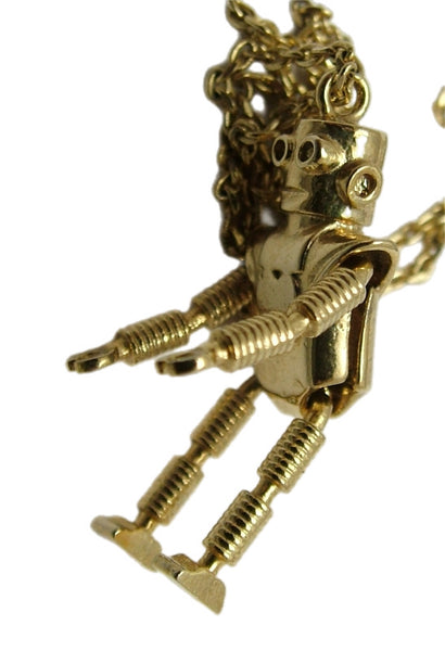 Modern Secondhand Gold Tone Articulated Robot Charm with Necklace Chain