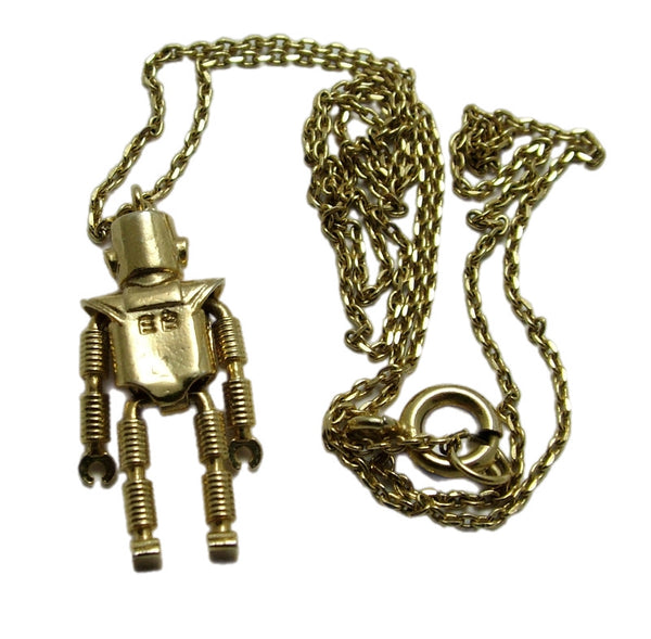 Modern Secondhand Gold Tone Articulated Robot Charm with Necklace Chain