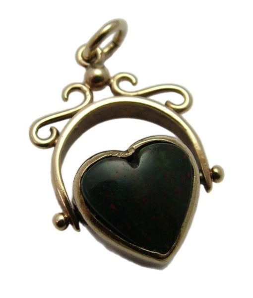 Vintage 1960's 9ct Gold, Bloodstone & Onyx Heart Shaped Spinner Fob Charm