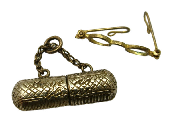 Antique Edwardian c1910 Brass “Love is Blind” Glasses Case Charm Removable Glasses Inside