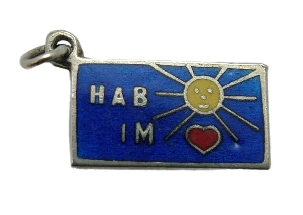 Small Vintage 1950's Silver & Blue Enamel Rebus Charm “I Have Sunshine In My Heart”