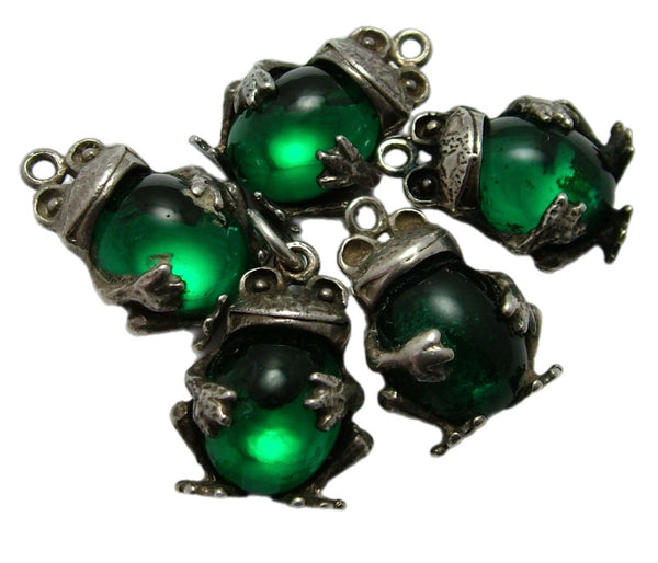 Vintage 1970's Silver & Green Crystal Frog Charm