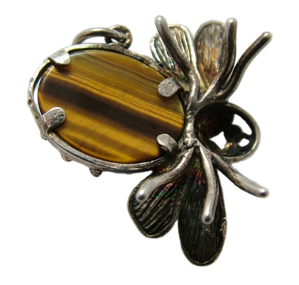 Large Vintage 1970's Silver & Tigers Eye Bumble Bee Charm