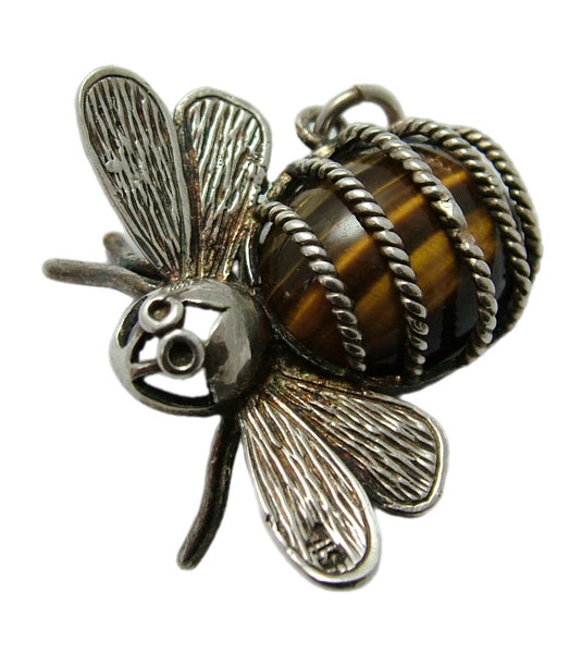 Large Vintage 1970's Silver & Tigers Eye Bumble Bee Charm